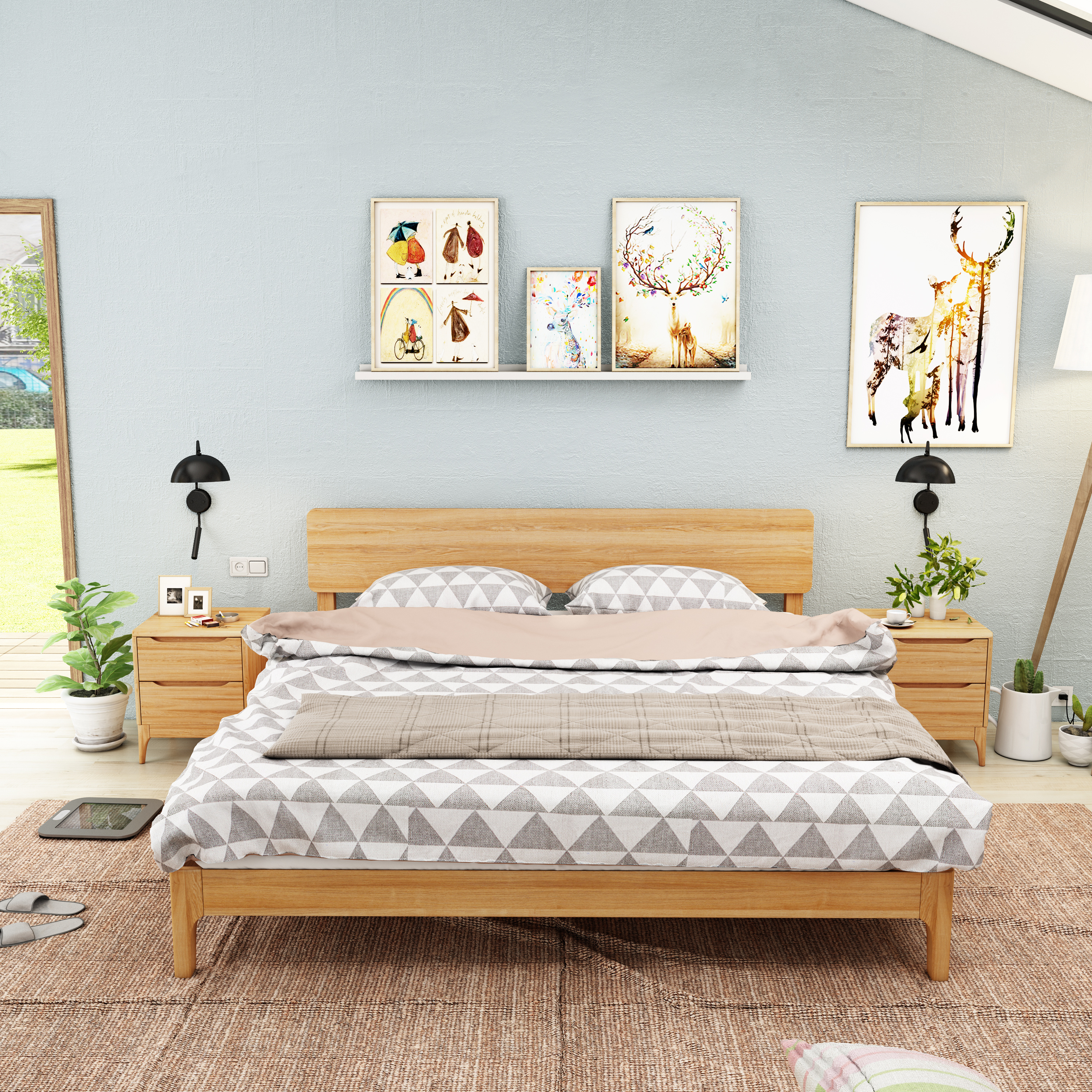 北欧风格实木床,实木家具设计一一《卧室晨光》 家具3D效果设计 ,卧室设计