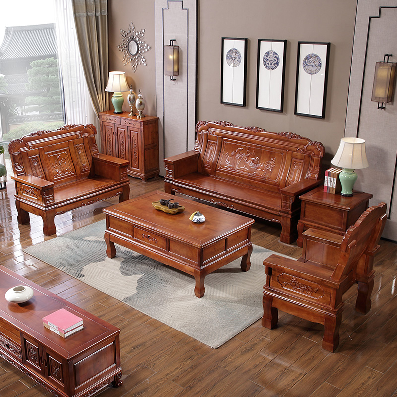 全实木香樟木沙发组合木质农村中式客厅纯木头雕花家具套装三人位